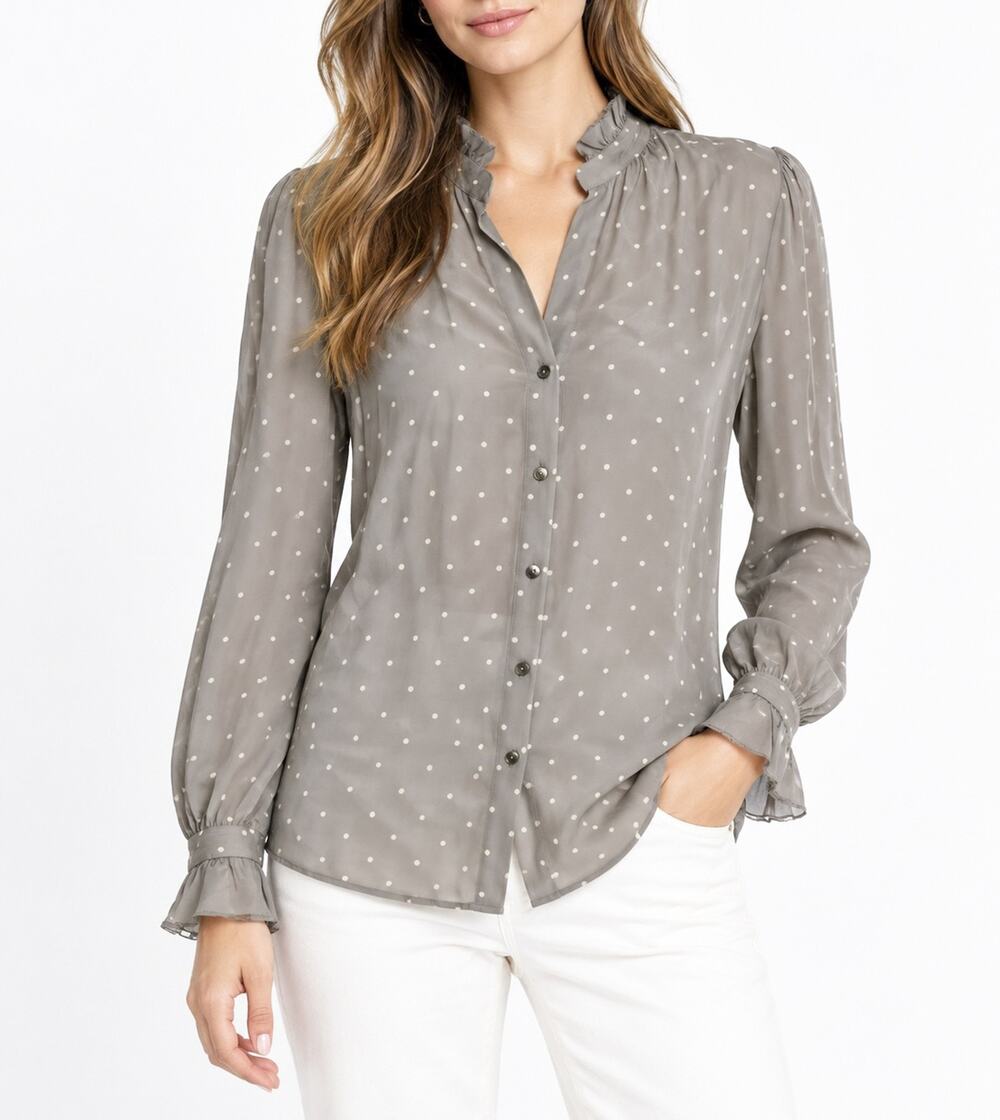 L'AGENCE Gray Polka Dot 100% Silk Ruffle Blouse Button Down Top XS